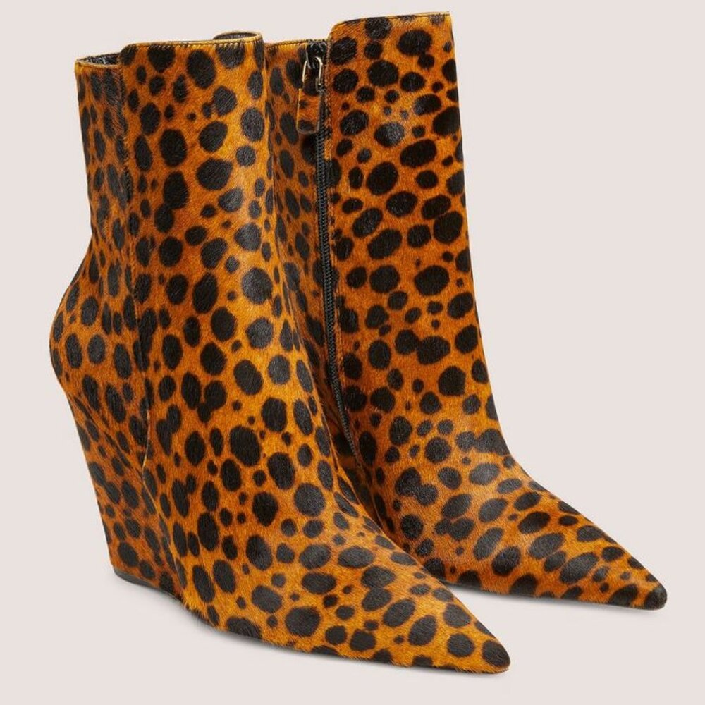 NEW 7B 37.5 Stuart Weitzman Wedge 100 Zip Booties NIB Calf Hair Leopard Leather